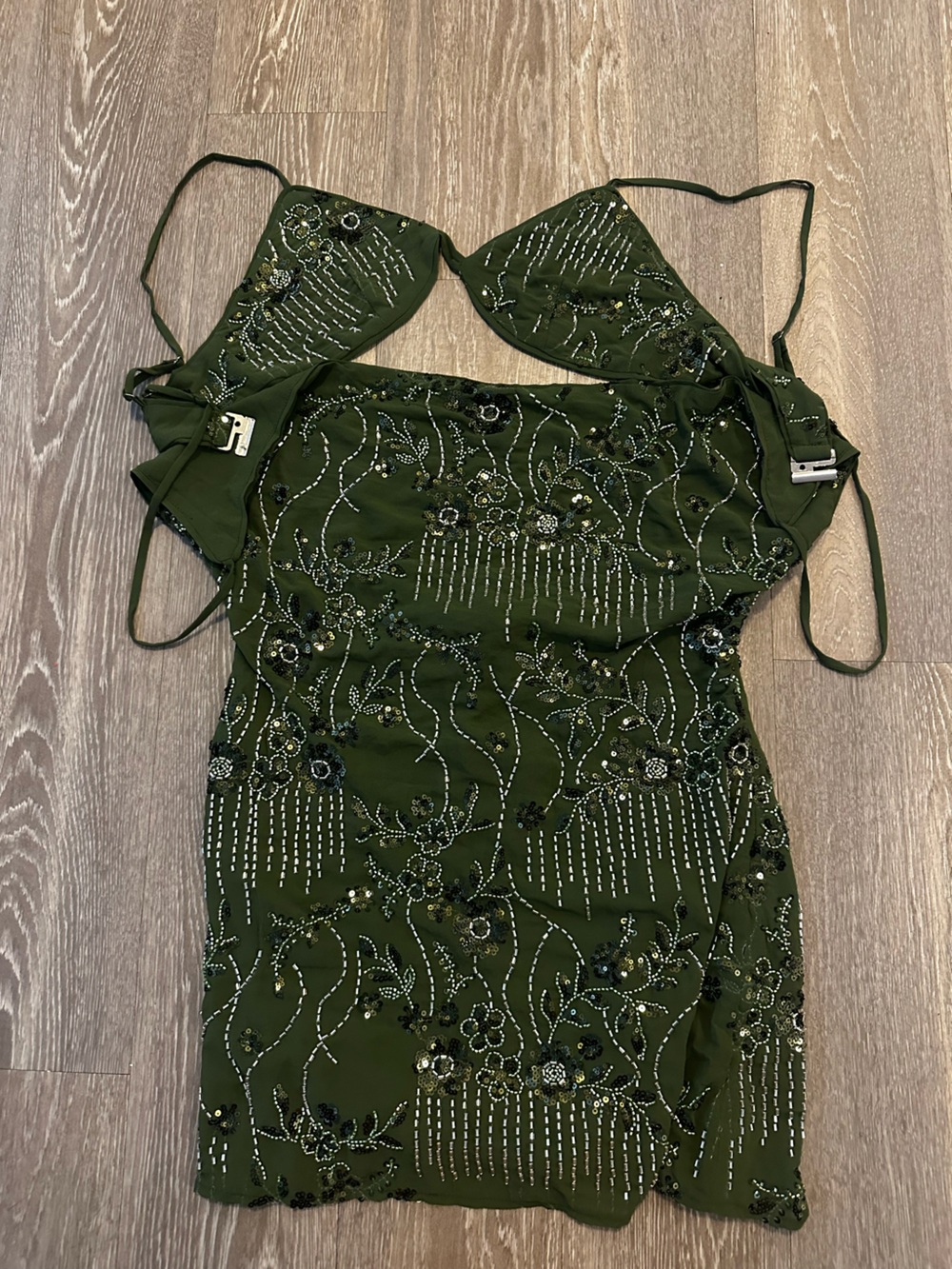 NWT Peppermayo Celosia Beaded Mini Dress in Khaki - Picture 3 of 4